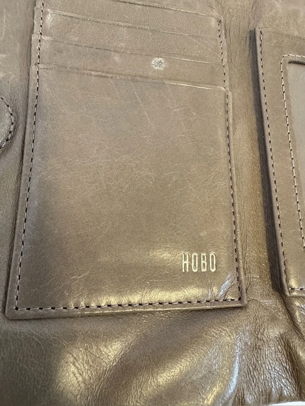 HOBO Lauren Leather Clutch Wallet Double Kiss Lock Vintage Patina Taupe